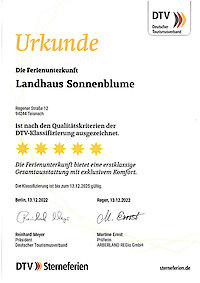 DTV 5 Sterne Urkunde Landhaus Sonnenblume im Bayerischen Wald